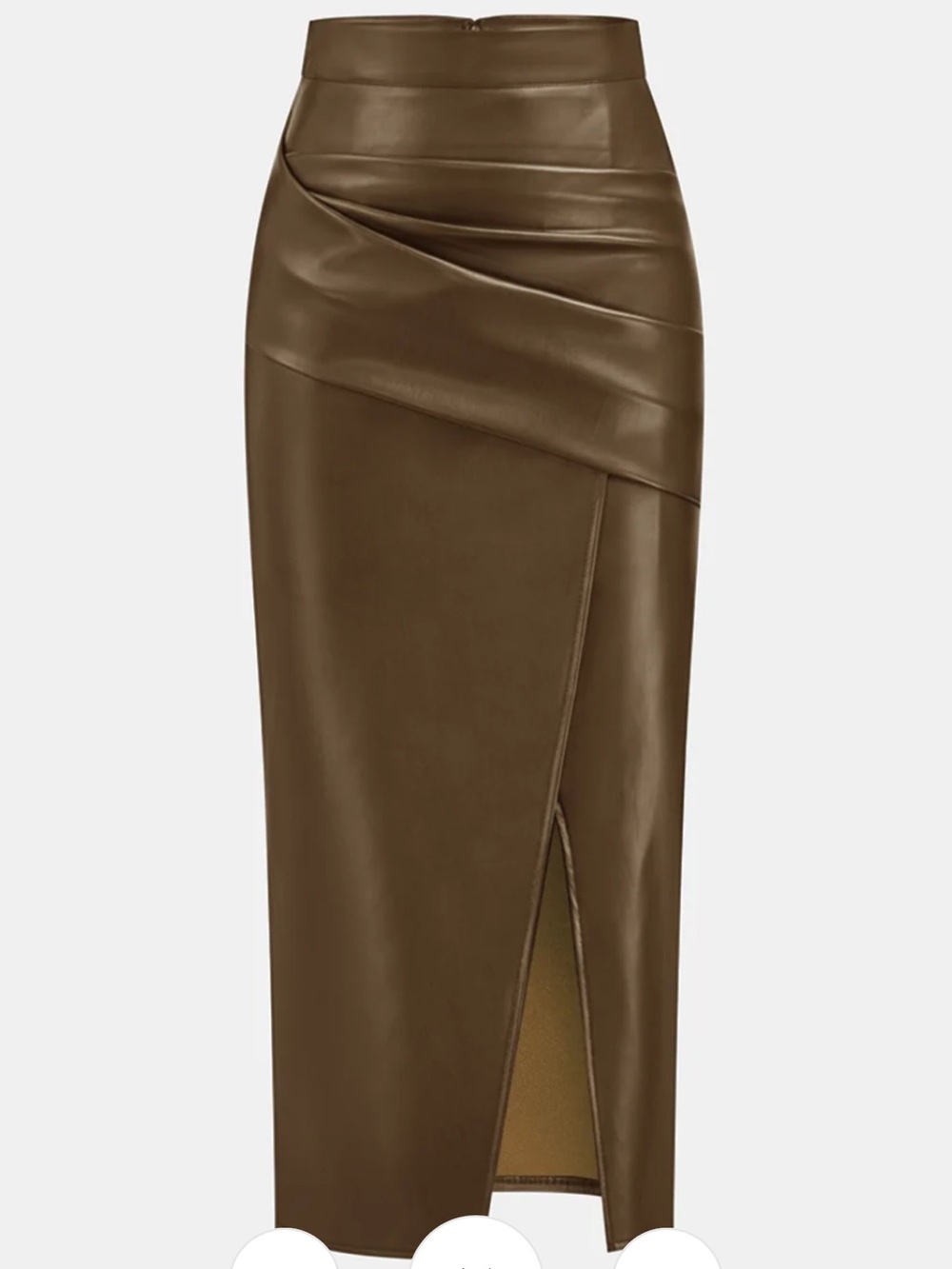COMMENSE Ruched Slit Faux Leather Midi Skirt Brown Medium EUC